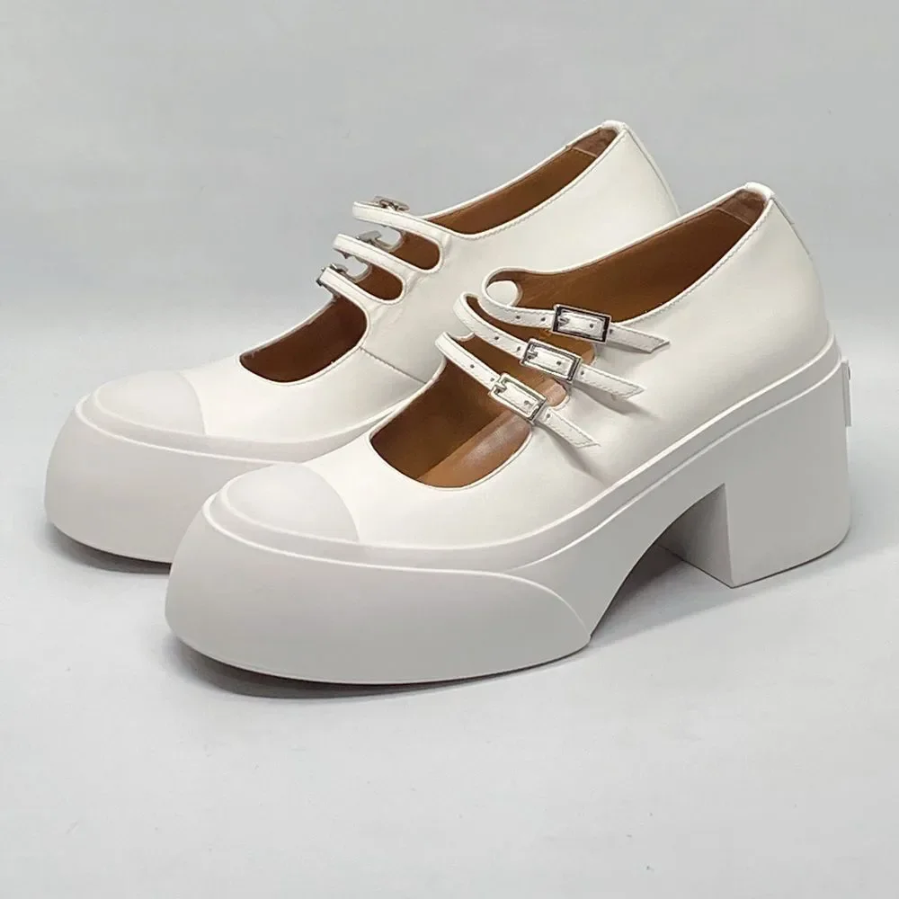 Marni White Pablo Triple-Buckle Mary Jane Heels size 36